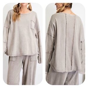 Easel M grey oversized mineral washed terry knit top